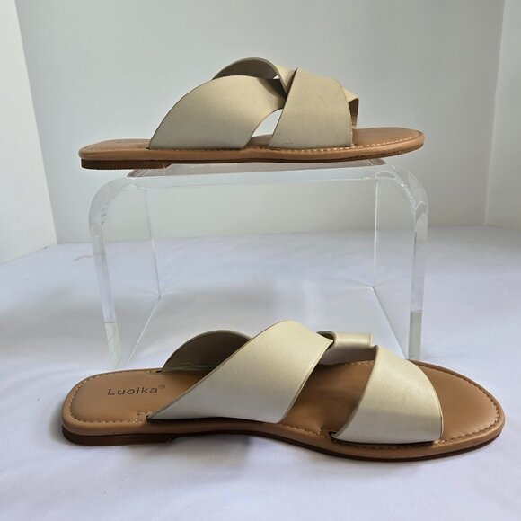 LUOIKA Women Flat Strappy Slides Sandals WW Slip On  Shoe  Sz 10.5 XW  Beige - Picture 11 of 13